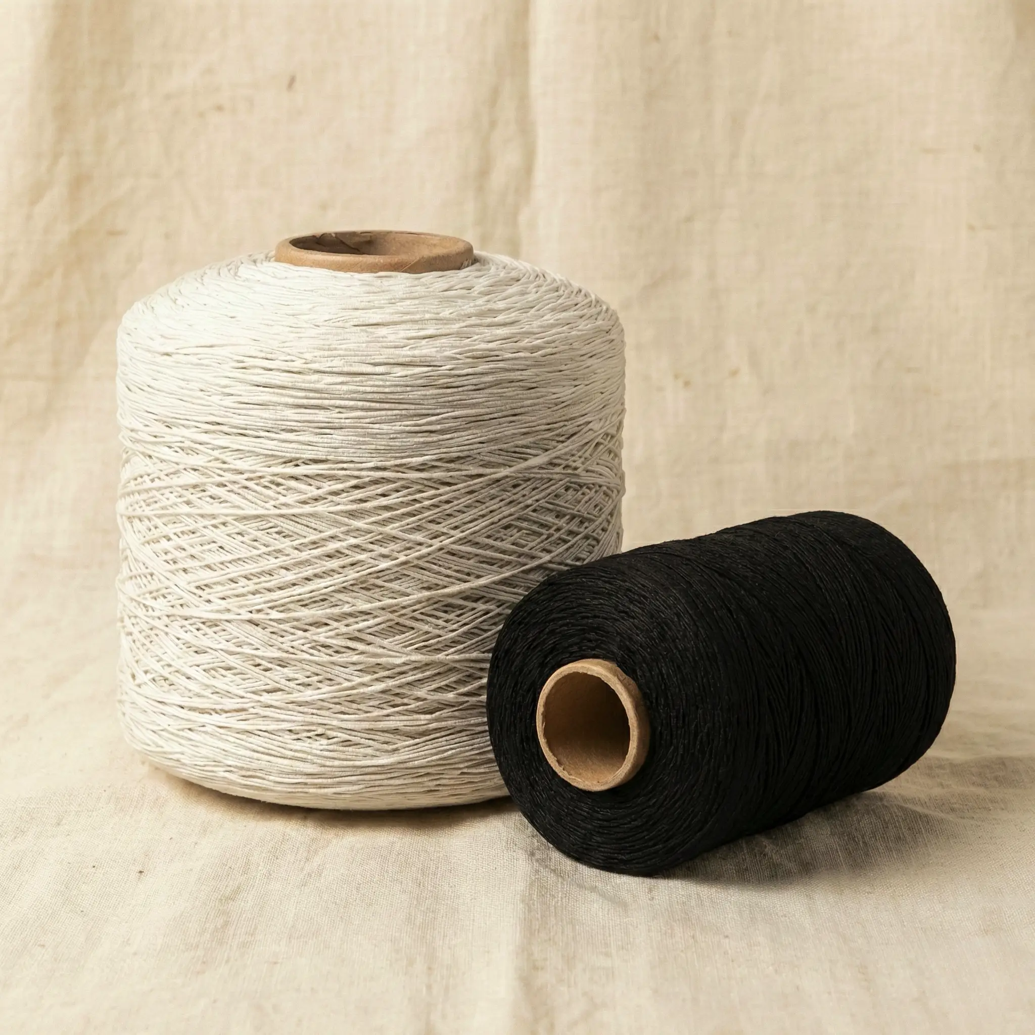 Катушки белой и чёрной пряжи на ткани